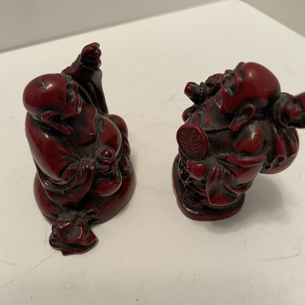 Vintage Style Mini Red Resin Laughing Buddha Figurines - Set of 2 (2") - Picture 3 of 6